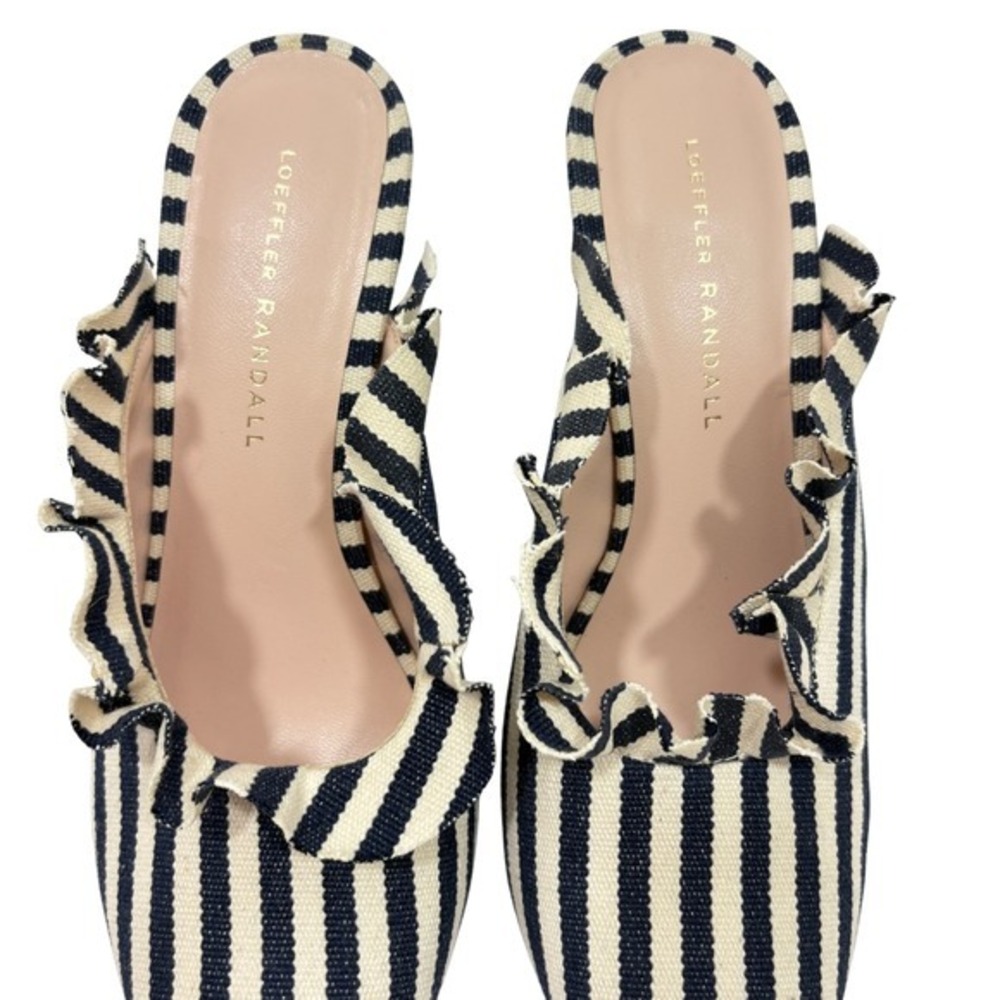 Loeffler Randall Langley Ruffle Mules Navy White Striped Woven Heels 8.5 B - Picture 6 of 7